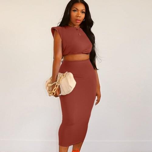 Wsevypo Summer Women Solid Color Dress Sets Padded Shoulder Crop Tops+Midi Bodycon Skirts Party Club Elegant Ladies Suits
