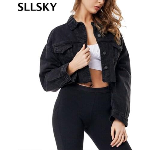 Sllsky Boyfriend Jean Jacket Women Oversized Crop Denim Jacket Vintage Long Sleeve short Jacket Casual Loose Coat bomber jacket
