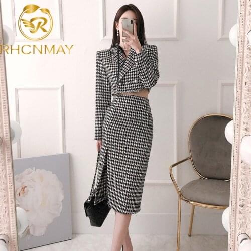 Plaid Houndstooth Two Piece Set Women Winter Buttons Wool Tweed Short Jacket Coats + High Waist Split Pencil Skirts Suit Vintage