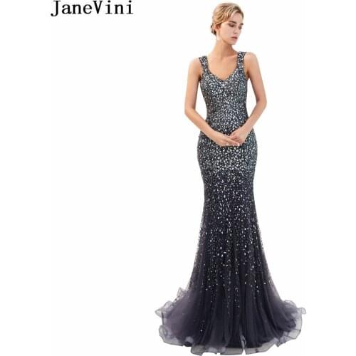 JaneVini Luxury Full Beading Tulle Long Bridesmaid Dresses Sweep Train V Neck Illusion Back Sexy Mermaid Women Prom Party Gowns
