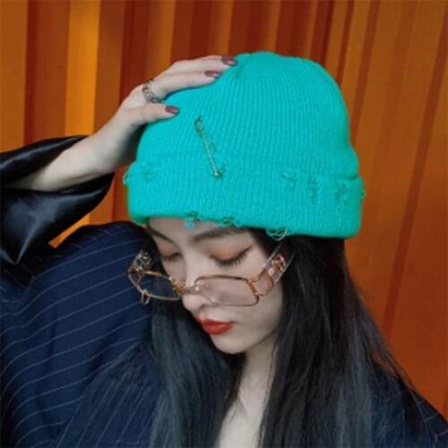 Winter Hats New Harajuku Beanies Knitted Hat Women Fashion Warm Thick Men Hip Hop Pin Hole Skullcap Short Hat Unisex Basic Cap