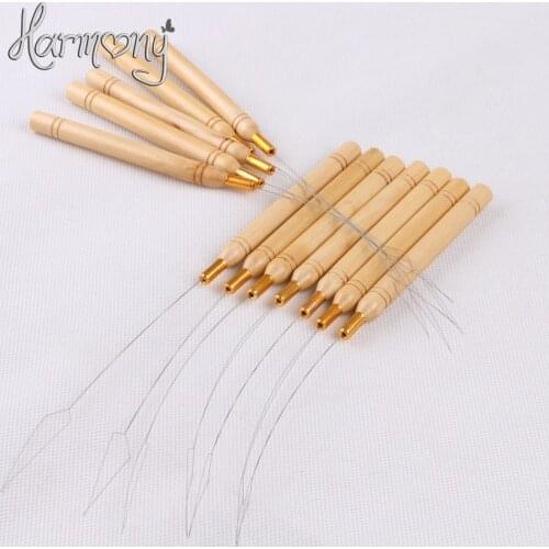 50 Pcs stainless steel Pulling nano Loop Threader Beads Loader For Bamboo Handle Nano Micro Ring Tip hair extensions tool