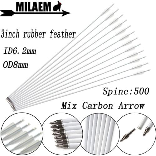 6/12/24pcs 33inch Archery Mix Carbon Arrow Spine 500 OD8mm ID6.2mm 100Gr Point Tips 3inch Rubber Feather Shooting Accessories
