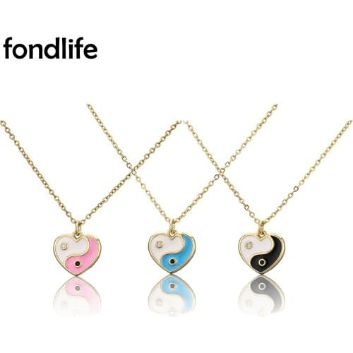 AAA High Quality Love Heart Yin And Yang Pendant Gold-Plated Copper Chain Necklace Women Lady Chinese Tai Ji CZ jEWELRY Present