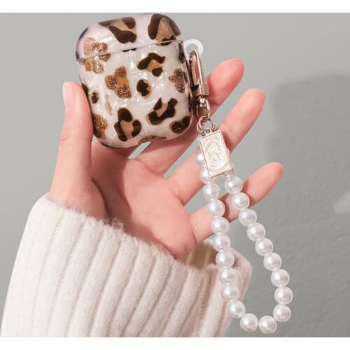 Luxury Leopard Pearl Case for Apple Airpods 3 2 1 Bracelet Chain Case for AirPods Pro Case Bluetooth Earphone Accessories Box