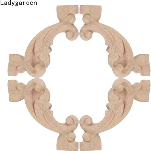 4PCS Wood Appliques Unpainted Wooden Carved Flower Onlay Decal Corner Statues Home Decorative Furniture Door Decor Sculptures