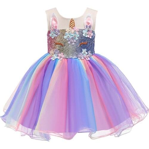 Flower Unicorn Baby Girls Dress Summer Sequins Fashion Christmas Costume Cosplay Rainbow Mesh Little Princess Dress Kids Clothes