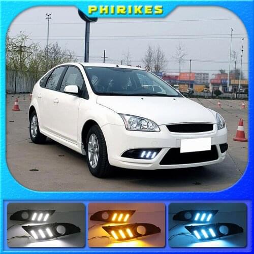 1Pair DRL For Ford Focus 2007 Sedan Daytime Running Lights LED Fog head Lamp cover Daylight with Yellow turn signal