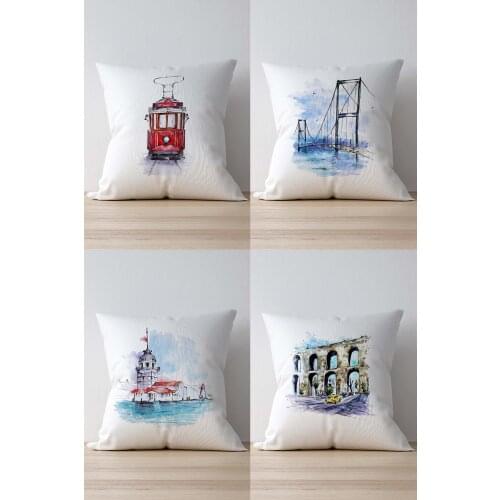 Double Side Printed Istanbul Patterned 4'Lü Suede Pillow Decorate Case Good Quality Stylish Home Garden Room Kitchen Gift Convenient Decorative Modern