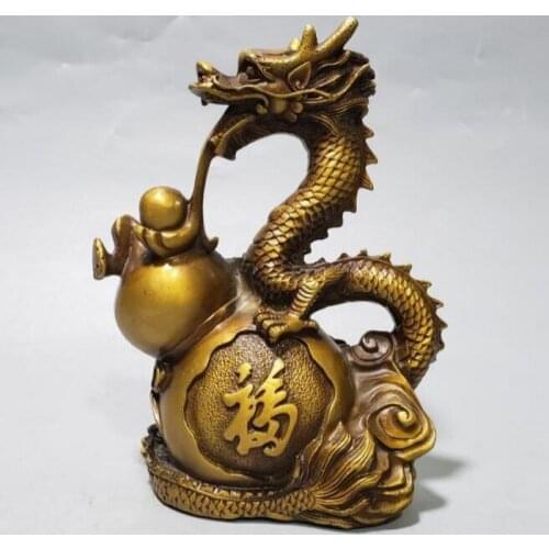 Chinese Brass gourd Dragon wealth home decor sculpture statue