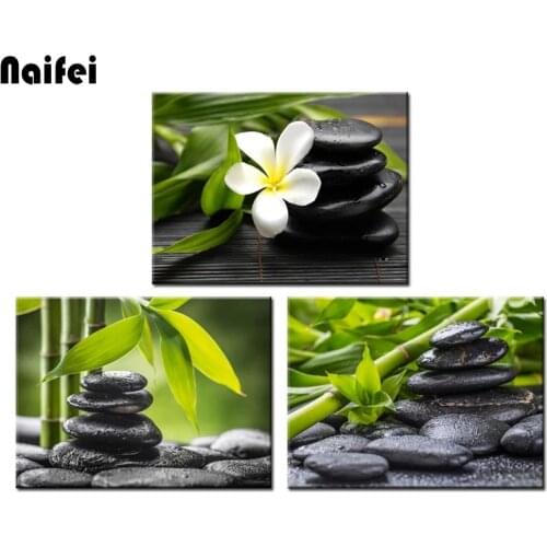 3 Pieces Diamond Painting Cross Stitch Bamboo and Zen Stones Home Decor Poster Diamond Embroidery Painting for Room Decor