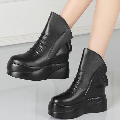 Fashion Sneakers Women Pleated Genuine Leather Wedges High Heel Vulcanized Shoes Female High Top Round Toe Trainers Casual Shoes