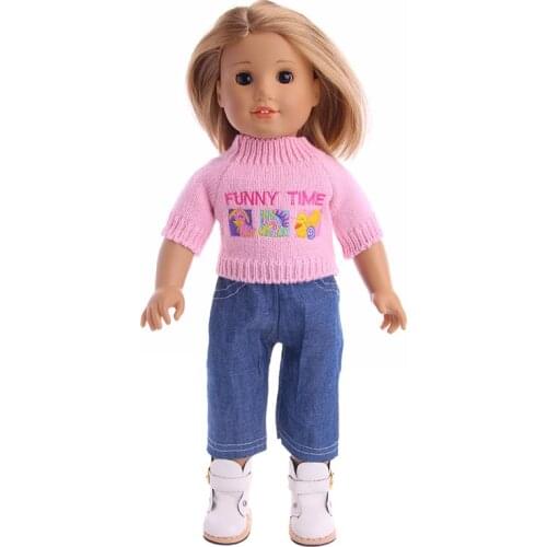 Handmade Doll Pink Sweater +jeans Fit 18 Inch American Doll &43cm Baby doll Clothes