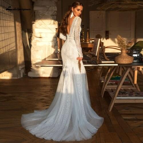 Lakshmigown See Through Lace Mermaid Wedding Gowns 2021 Vestido Princesa Long Sleeve Sexy Bridal Wedding Dresses V-Neck Backless