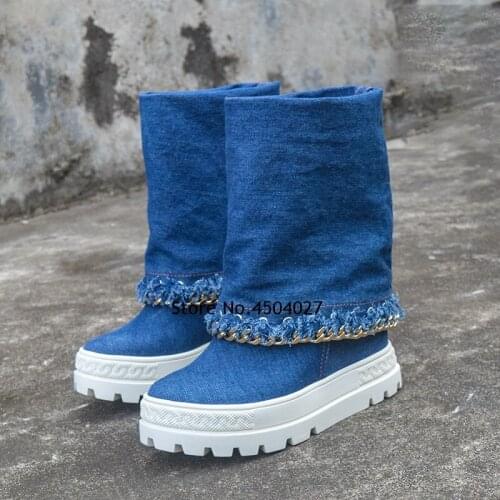 Fashion Denim Platform Boots Ladies Round Toe Metal Decoration Boots Autumn Womens Slip On Wegde Shoes