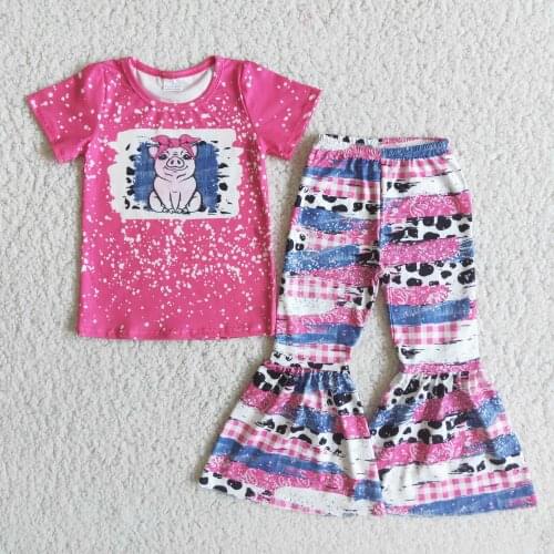 Fashion boutique girl pink suit piggy pattern tie-dye short-sleeved top stitching printed bell pants girl 2pcs suit