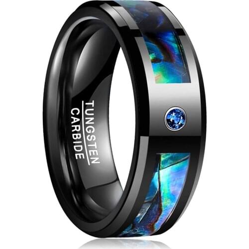 8MM Men Black Tungsten Carbide Ring Abalone Shell and Blue Cubic Zirconia Inlay Ring Wedding Band Beveled Edge Comfort Fit