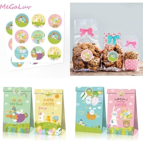 12Pcs Easter Gift Paper Bag with Stickers Set Packaging Box for Food Cookies Candy Bags Decorative Boxes Easter Party Supplies