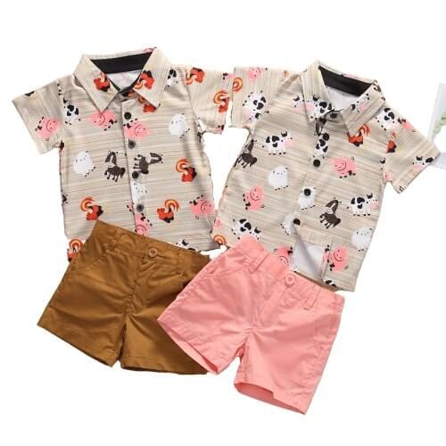 0-5Y Summer Infant Baby Boys Fashion Clothes Sets Animal Print Gentleman Shirts Tops+Solid Shorts 2pcs