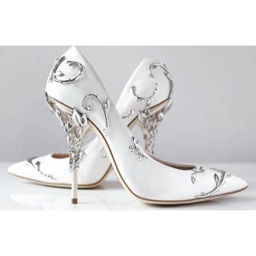 Sexy White Wedding Shoes Bride Silver Metal Leaves Decor Pumps Women Shoes Pointed Toe Banquet Dress Shoes Black Pink Blue