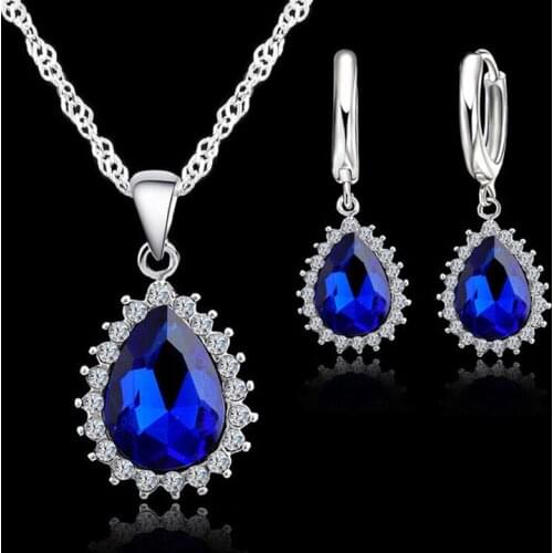 Water Drop Pendants Necklaces Earring Set For Women Wedding 925 Sterling Silver Cubic Zirconia Jewelry Sets Anniversary
