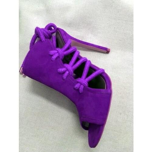 Hot Woman Green Blue Red Purple Suede Thick Ropes Cuts Out Sandals Peep Toe Lace Up High Heel Slingback Party Sandals Shoes Lady