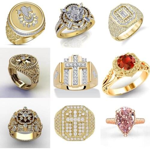 Luxury Mens Ring Business Type Gold Plated Crystal Side Setting for Male Domineering Finger Rings for Men Band Shiny Jewelry