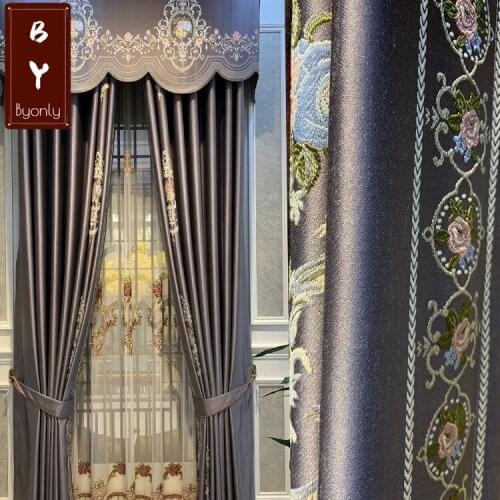 New European Style Luxury Chenille Stitching Simple Atmosphere Purple Curtains for Living Dining Room Bedroom