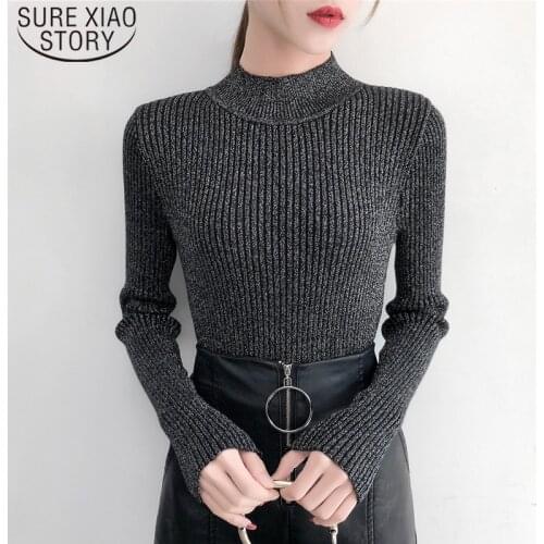 Slim Solid Women Sweater Autumn Long Sleeve Semi-high Collar Korean Sweater Women Bright Silk Sweater Thick Pullover 6040 50