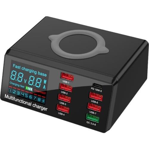 100w Doca Carregador USB Sem fio 18w pd qc3.0 estação Carregador Rápido Inteligente Display LED 8 Portas USB Para Samsung Huawei