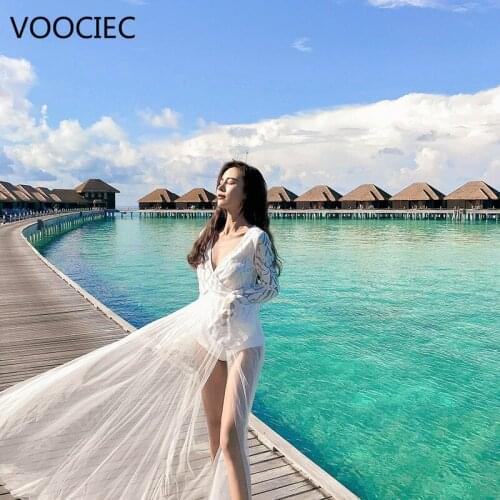 VOOCIEC 2020 Sexy Beach Dress Swimwear Women Beach Floral Lace Mesh Cover Up Swimwear Bikini Long Cover-ups Dress for Beach
