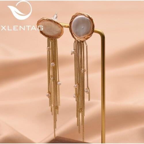 XlentAg Handmade Fresh Water Baroque Flat Pearl Tassel Stud Earrings For Women Wife Party Gift Earrings Fine Jewelry GE0656