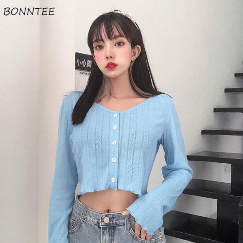 Knitted T-shirts Women Retro Sweet Long Sleeve Spring Fall Preppy Girls Crop Top High Street Korean Chic Stylish Teens Clothing