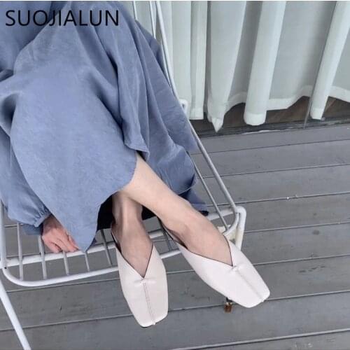 SUOJIALUN 2019 Fashion Women Mules Slipper Shollow Flat Heel Outsides Ladies Slides Causal Soft Slip On Luxury Brand Beach Mules