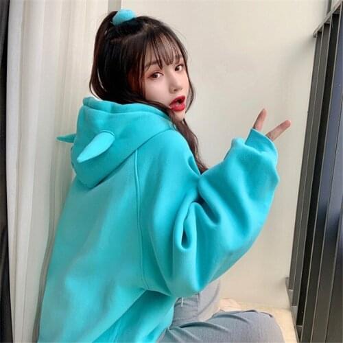 Womens Kawaii Hoodie 2021 New Korean Solid Color Sweet Cute Small Horn Loose Pullover Hooded Long Sleeve Mid-Length Jacket Coat