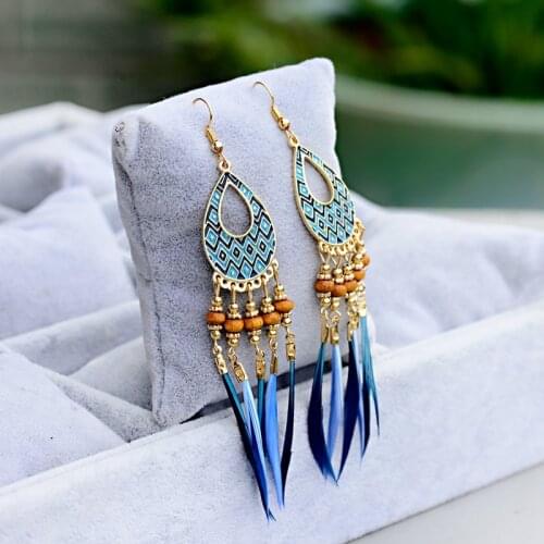 2019 Bohemian Tassel Dangle Long Feather Earrings For Women Vintage Tribe Wood Beads Female Earrings Brincos Bijoux Jewelry