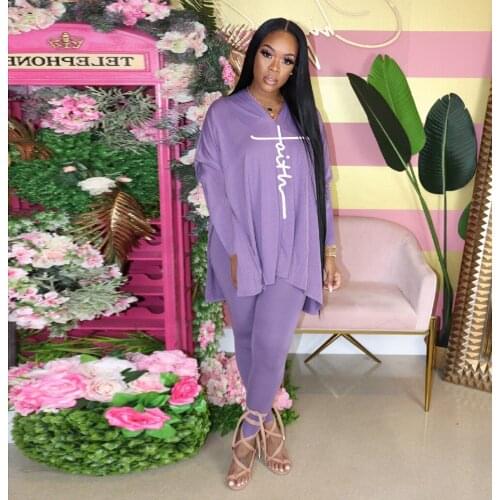 Ladies Two-piece Fashion Sexy Loose Solid Color V-neck Positioning Printing Long-Sleeved Trousers Two-piece Suit