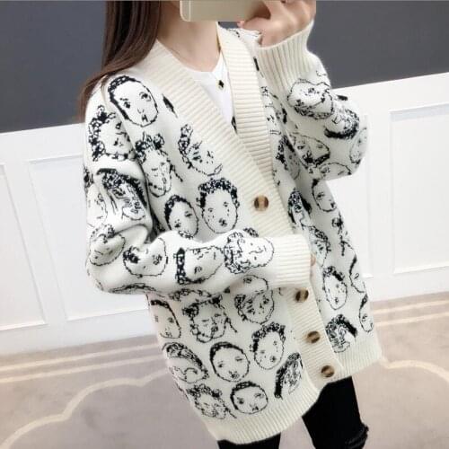 New Autumn Winter Knit Sweater Harajuku Top Casual Women Sweater V-neck Cartoon Character Cardigans Button Single Breasted