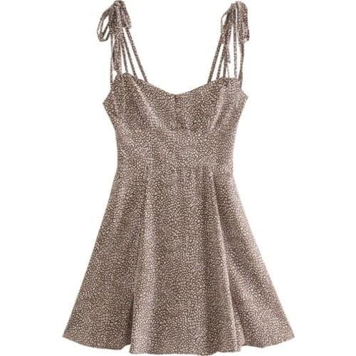 Women Leopard Printed Sexy Spaghetti Strap Mini Dress Sleeveless Backless A Line Dress Fashion Tie Summer Dresses