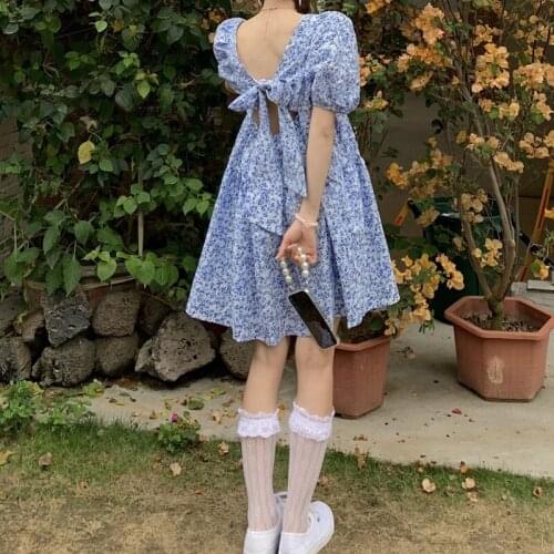 Floral Dress Female Summer New Style French Open Back Design Temperament Fluffy Sleeve Short Skirt Mini Dress