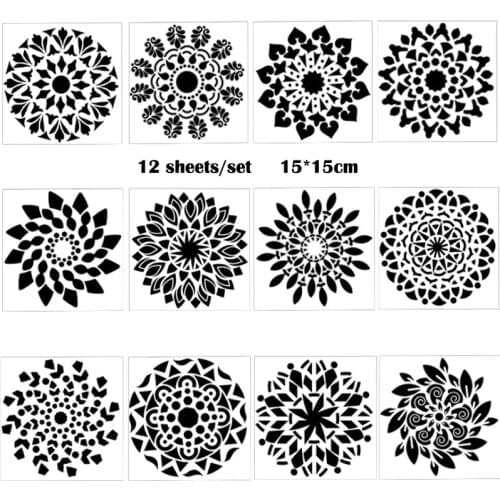 12pc Mandala Auxiliary Painting Template Wall Scrapbooking Decoration Spray Flower DIY Bullet Journal Stencil Office School Supp
