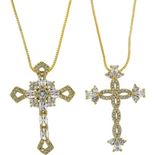 3pcs Stylish White Big Cross Necklace For Women Crystal Pendant Necklace Collar Bling CZ Gold Plated Jewelry Wholesale Gift 2021