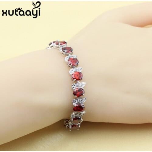 Hot Sell Fashion Silver Color Jewelry Red Created Garnet White Austrian Crystal Chain-Link Bracelet length 18+2cm For Women