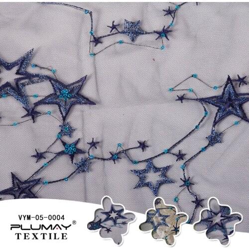 China factory 100%polyester star embroidery sequin mesh fabric by half(1/2) yard