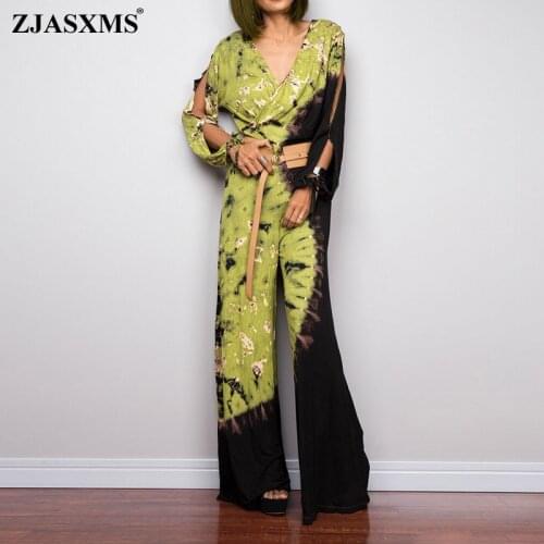 Yellow Autumn Hollow Out Long Sleeve Jumpsuit Women Sexy V Neck Printing Patchwork Romper Spring Wide Leg Pants Beach Overalls