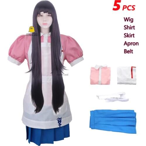 Danganronpa 2 Goodbye Despair Mikan Tsumiki Cosplay Costume Long Black Wig Blouse Skirt School Girl Uniform Lolita Maid Apron