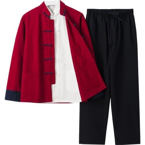 3pcs/set Tang suit male cotton Kung Fu long sleeve Wing Chun retro Hanfu lay clothes Chinese mens Martial Arts Uniforms costume