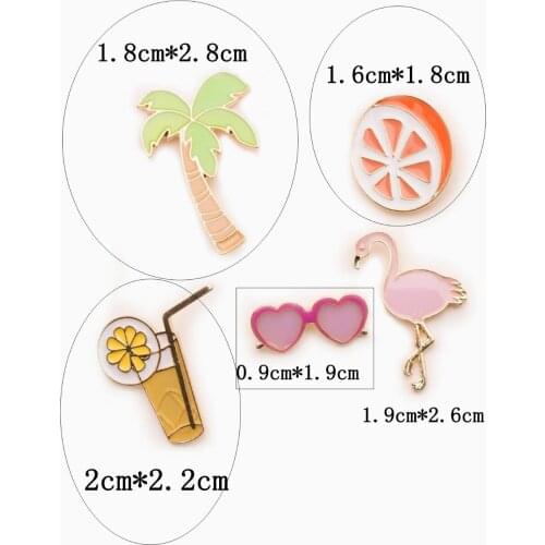 Fashion jewelry accessories small size metal enamel palm tree flamingo citrus orange juice glasses brooch pin