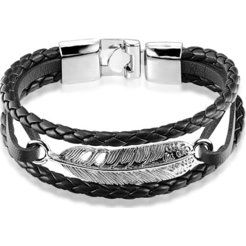 2019 New Fashion Punk Cowhide Leather Men Bracelet Bangles for Women feather Jewelry Charm Bracelet Best Gift Pulseira Masculina