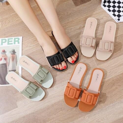 New Korean Fashion Sandals Summer Womens Outerwear All-match Slippers Flat-bottom Square Buckle Non-slip Slipper